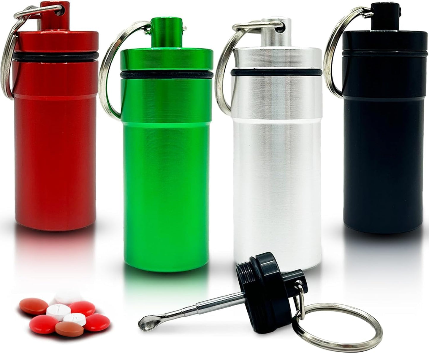 AZ Homey Diversion Safe Portable Pill Organizer case Keychain (4 Pack), Aluminum Pocket Holder Keychain for Travel, Waterproof Metal Pill Container Bottle for Purse, Men and Women