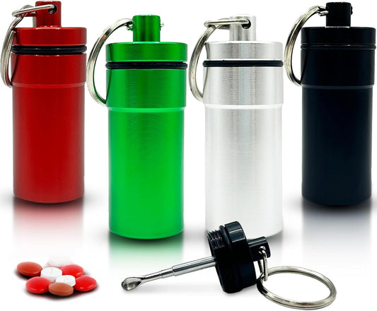 AZ Homey Diversion Safe Portable Pill Organizer case Keychain (4 Pack), Aluminum Pocket Holder Keychain for Travel, Waterproof Metal Pill Container Bottle for Purse, Men and Women