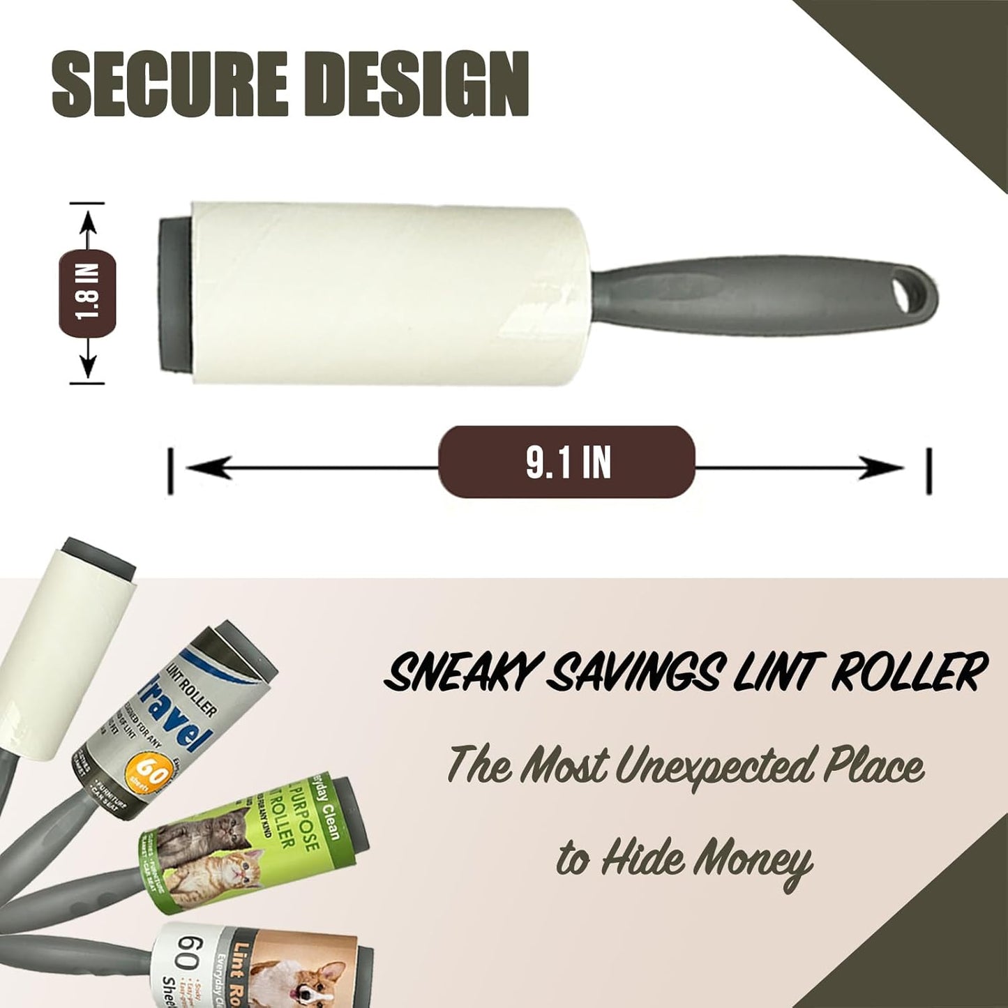 Lint Roller Diversion Safe Money Lint Rollers for Pet Hair, Sticky, Remover for Couch, Clothes Furniture and Carpet. Dog Hair Remover Cat Hair, Animal Fur   Secret Hidden Jewelry Storage Home Security