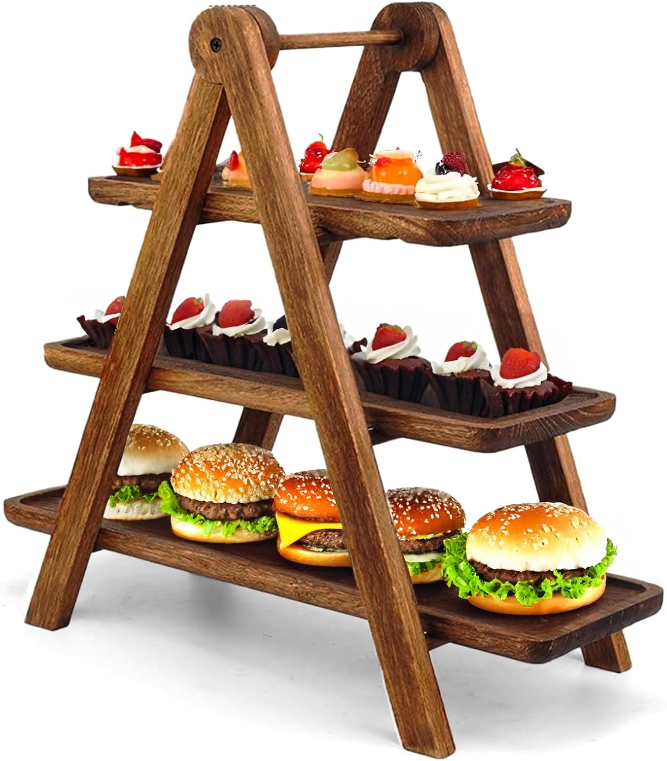 AZ Homey 3 Tier Serving Tray Three Tiered Cupcake Stand, Rectangle Serving Platter Wooden Farmhouse Tiered Tray, Party Serving Brown Decorative Tray, Eco Friendly Tray Decor Cheese Charcuterie Boards
