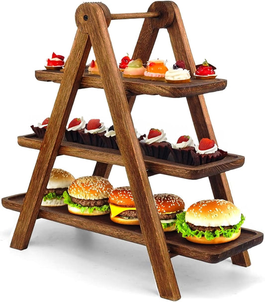 AZ Homey 3 Tier Serving Tray Three Tiered Cupcake Stand, Rectangle Serving Platter Wooden Farmhouse Tiered Tray, Party Serving Brown Decorative Tray, Eco Friendly Tray Decor Cheese Charcuterie Boards