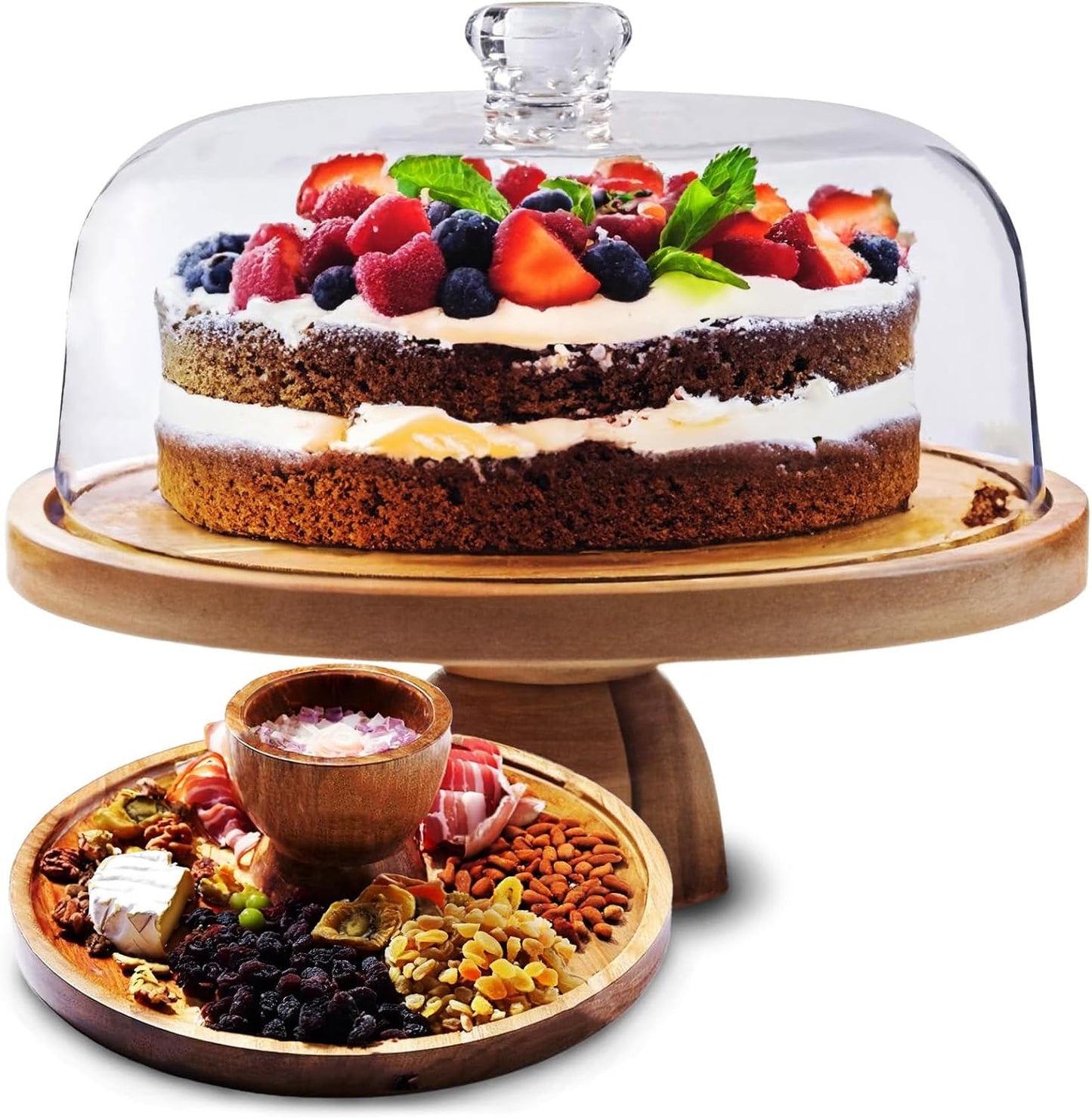 AZ Homey Cake Stand with Acrylic Dome Lid 2 in 1 Multifunctional Round Shatterproof Dessert Table Display Set with Acacia Wood Serving Platter, Veggie Tray, Fruit Bowl, Donut Stand, Nachos Plate