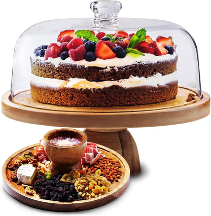 AZ Homey Cake Stand with Acrylic Dome Lid 2 in 1 Multifunctional Round Shatterproof Dessert Table Display Set with Acacia Wood Serving Platter, Veggie Tray, Fruit Bowl, Donut Stand, Nachos Plate