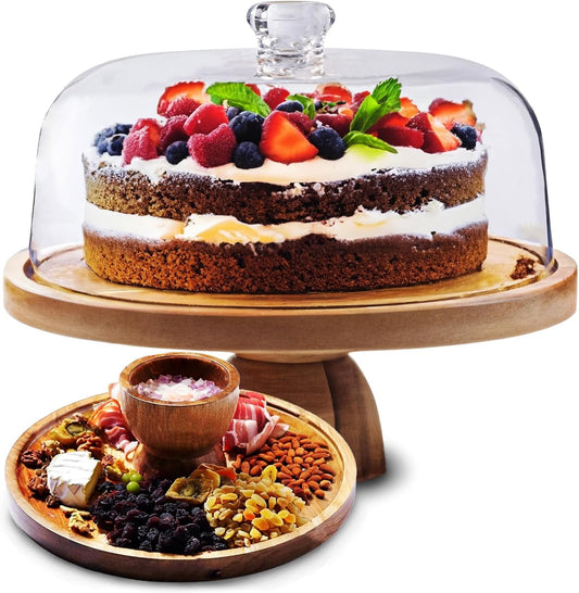 AZ Homey Cake Stand with Acrylic Dome Lid 2 in 1 Multifunctional Round Shatterproof Dessert Table Display Set with Acacia Wood Serving Platter, Veggie Tray, Fruit Bowl, Donut Stand, Nachos Plate