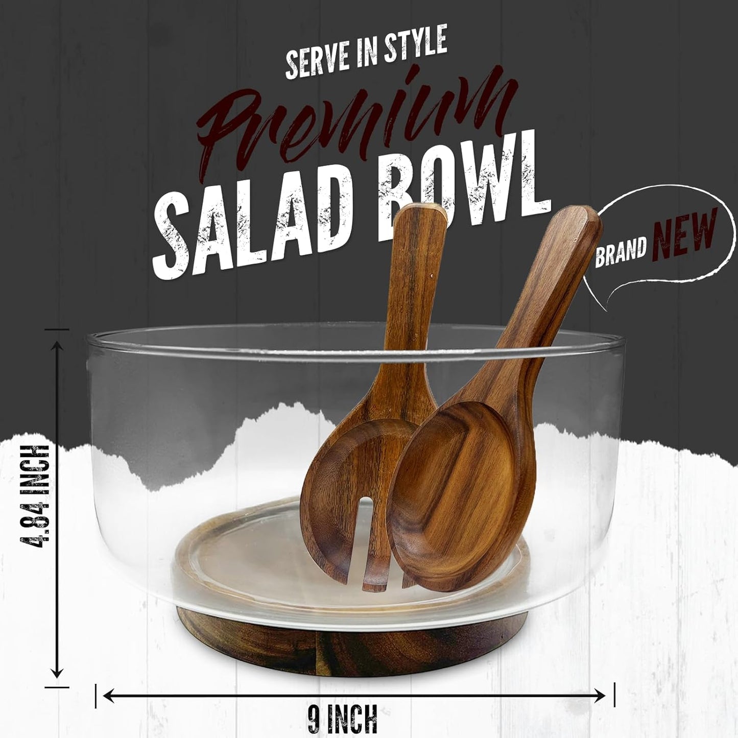 Premium Large Glass Salad Bowl Set with Acacia Wood Base and Serving Utensils   Ideal for Hosting Parties, Host Family Gatherings, and Everyday Use   Elegant, Durable, and Practical Kitchen Essential
