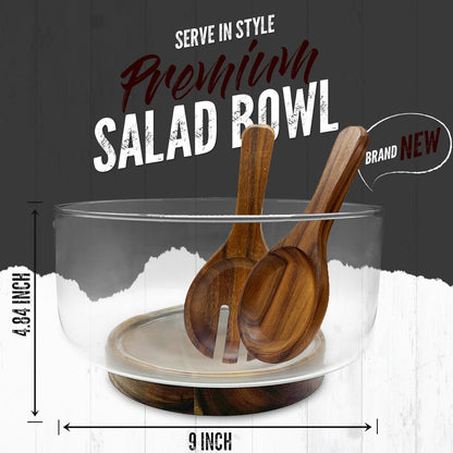 Premium Large Glass Salad Bowl Set with Acacia Wood Base and Serving Utensils   Ideal for Hosting Parties, Host Family Gatherings, and Everyday Use   Elegant, Durable, and Practical Kitchen Essential