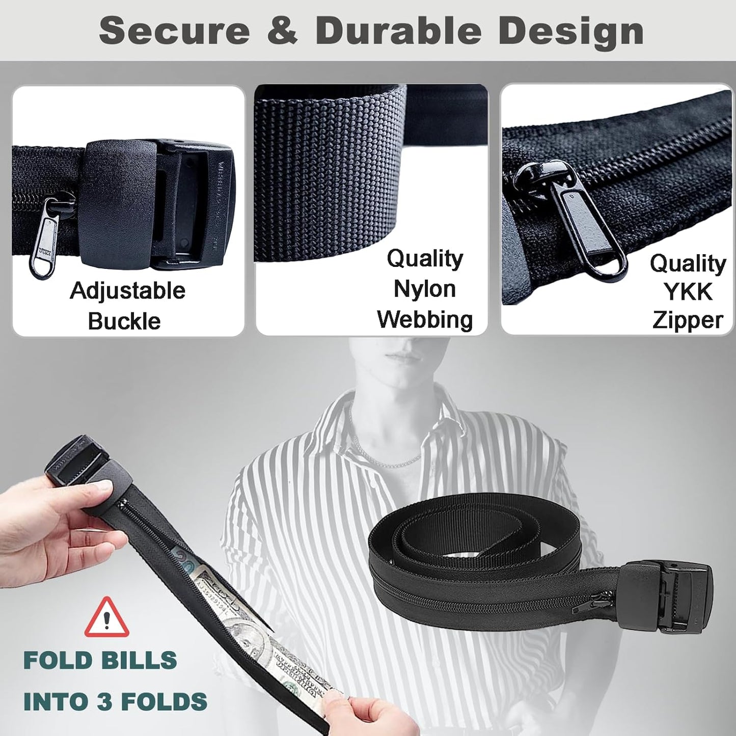 AZ Homey Travel Security Belt   Money Belt for Men Travel Security Belt with Hidden Money Compartment Pocket Belt with Hidden Pocket Cashsafe Anti Theft Wallet Non Metal Buckle