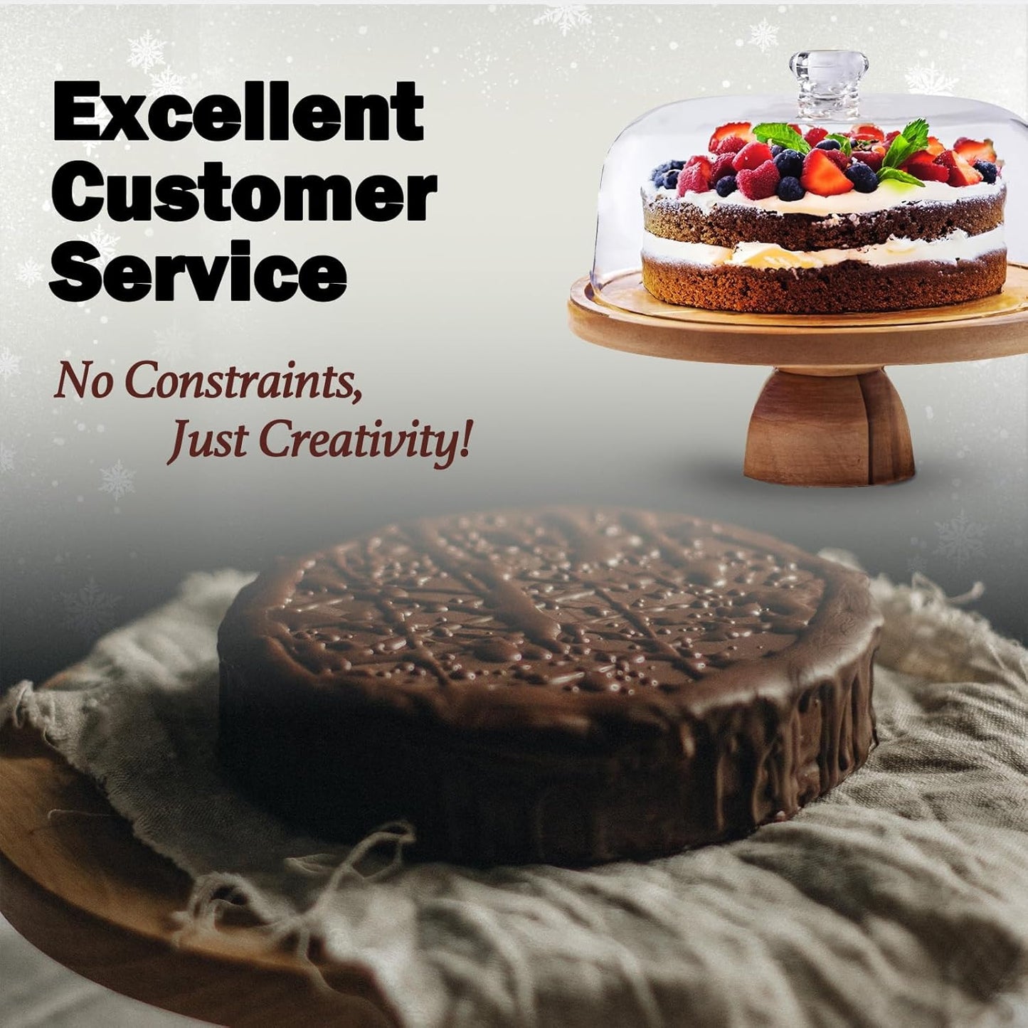 AZ Homey Cake Stand with Acrylic Dome Lid 2 in 1 Multifunctional Round Shatterproof Dessert Table Display Set with Acacia Wood Serving Platter, Veggie Tray, Fruit Bowl, Donut Stand, Nachos Plate