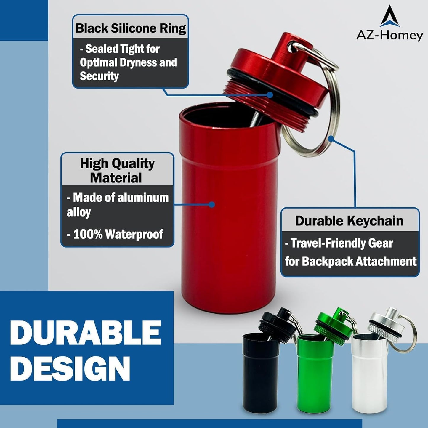 AZ Homey Diversion Safe Portable Pill Organizer case Keychain (4 Pack), Aluminum Pocket Holder Keychain for Travel, Waterproof Metal Pill Container Bottle for Purse, Men and Women