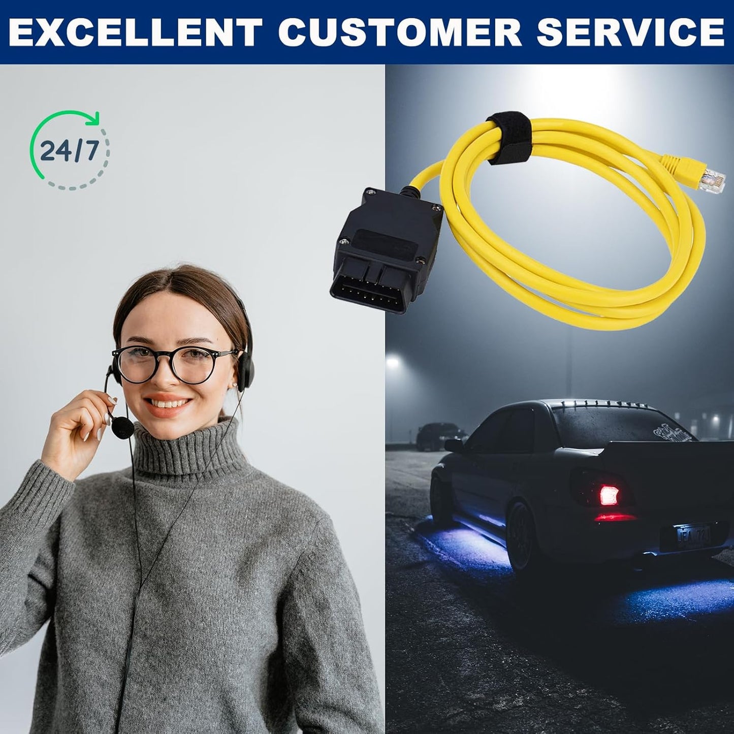 AZ Homey ENET Cable Compatible with BW OBD, ICOM E SYS ISTA, Bootmod3 Bimmercode F  Series OBD2 Heavy Duty Cable Connector Tools to OBDII Interface Cable Car Diagnostic Coding 6.6ft (2M) Cable RJ45