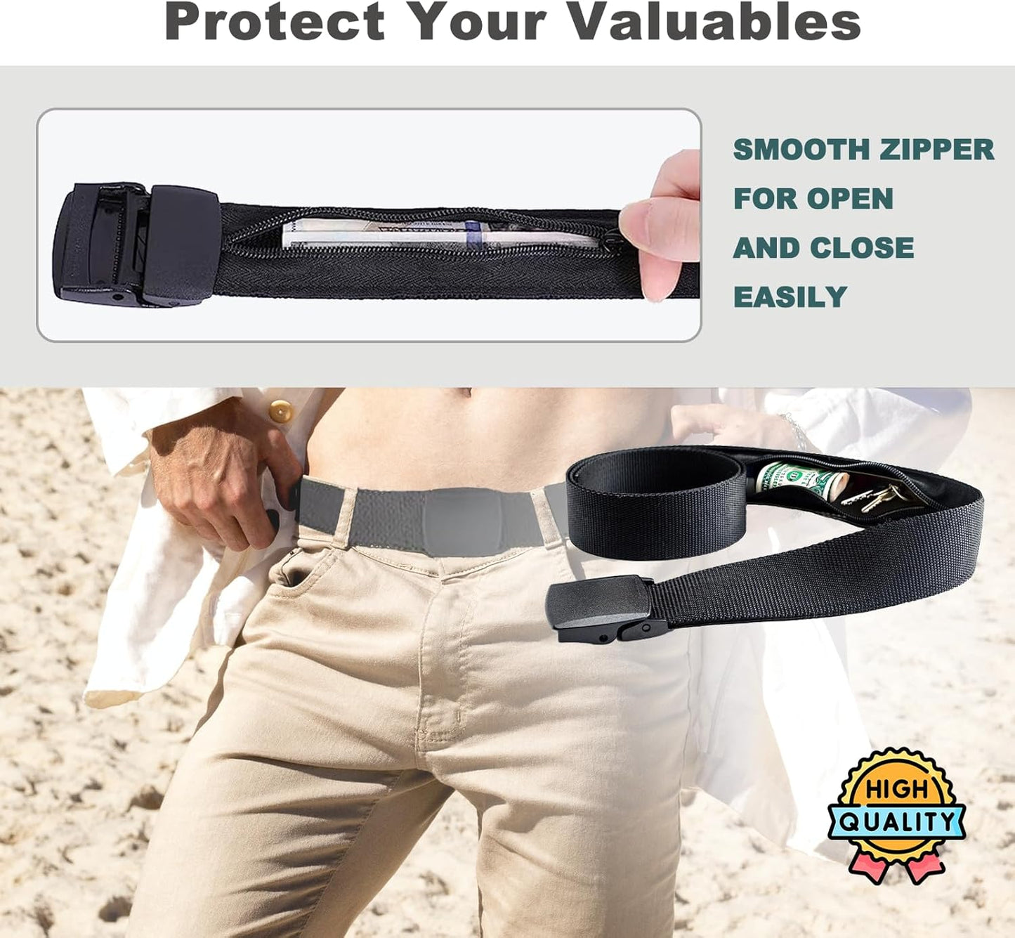 AZ Homey Travel Security Belt   Money Belt for Men Travel Security Belt with Hidden Money Compartment Pocket Belt with Hidden Pocket Cashsafe Anti Theft Wallet Non Metal Buckle