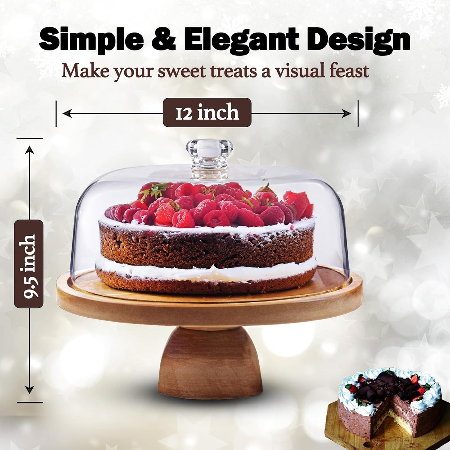 AZ Homey Cake Stand with Acrylic Dome Lid 2 in 1 Multifunctional Round Shatterproof Dessert Table Display Set with Acacia Wood Serving Platter, Veggie Tray, Fruit Bowl, Donut Stand, Nachos Plate
