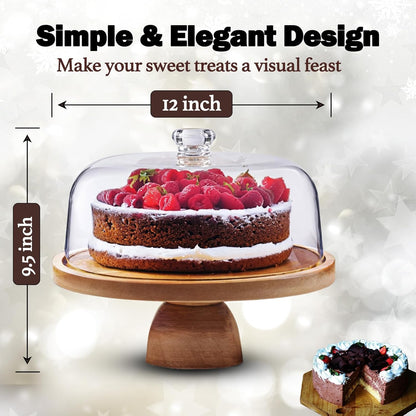 AZ Homey Cake Stand with Acrylic Dome Lid 2 in 1 Multifunctional Round Shatterproof Dessert Table Display Set with Acacia Wood Serving Platter, Veggie Tray, Fruit Bowl, Donut Stand, Nachos Plate