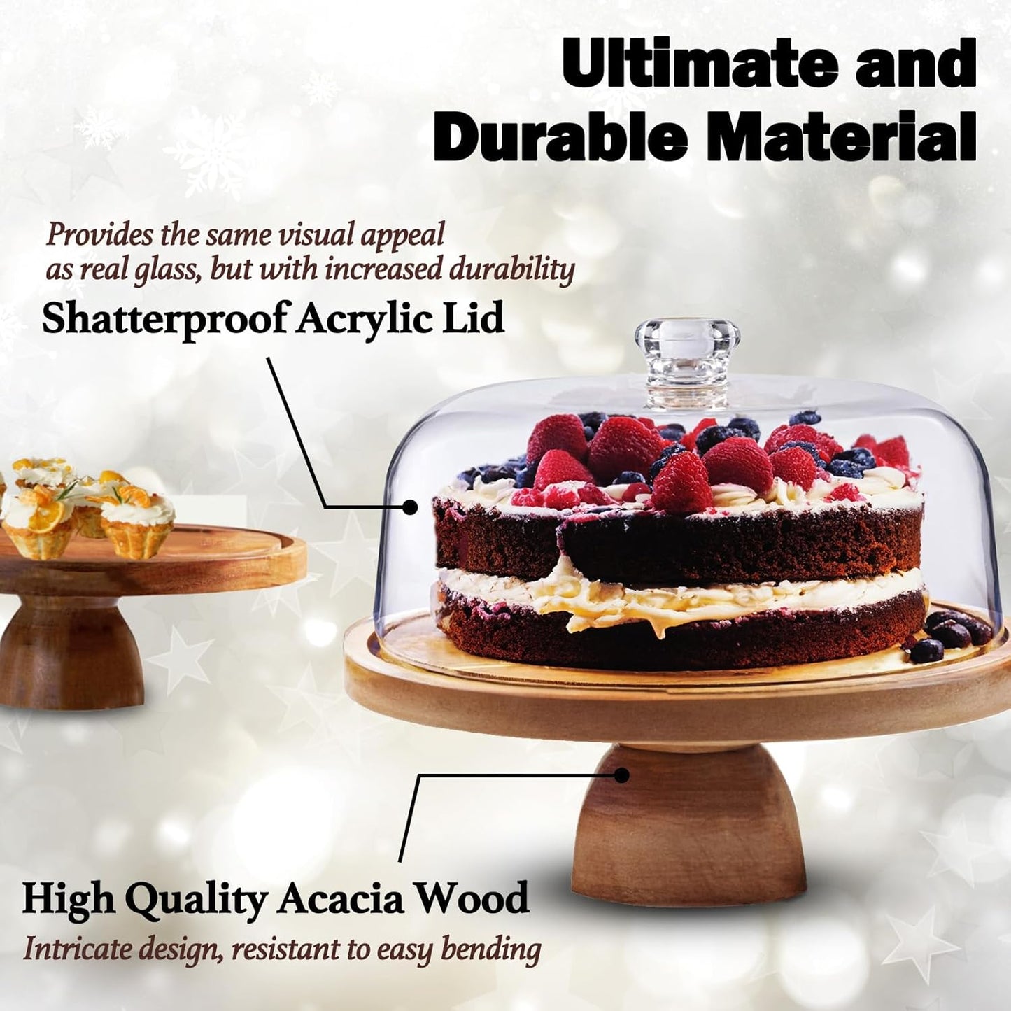 AZ Homey Cake Stand with Acrylic Dome Lid 2 in 1 Multifunctional Round Shatterproof Dessert Table Display Set with Acacia Wood Serving Platter, Veggie Tray, Fruit Bowl, Donut Stand, Nachos Plate