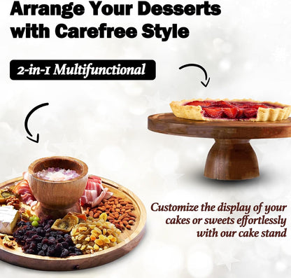 AZ Homey Cake Stand with Acrylic Dome Lid 2 in 1 Multifunctional Round Shatterproof Dessert Table Display Set with Acacia Wood Serving Platter, Veggie Tray, Fruit Bowl, Donut Stand, Nachos Plate