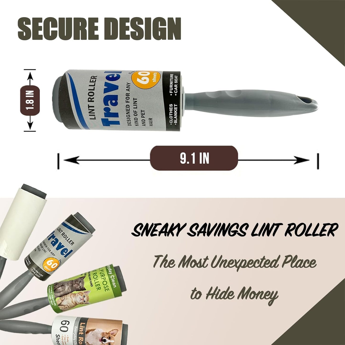Lint Roller Diversion Safe Money Lint Rollers for Pet Hair, Sticky, Remover for Couch, Clothes Furniture and Carpet. Dog Hair Remover Cat Hair, Animal Fur   Secret Hidden Jewelry Storage Home Security