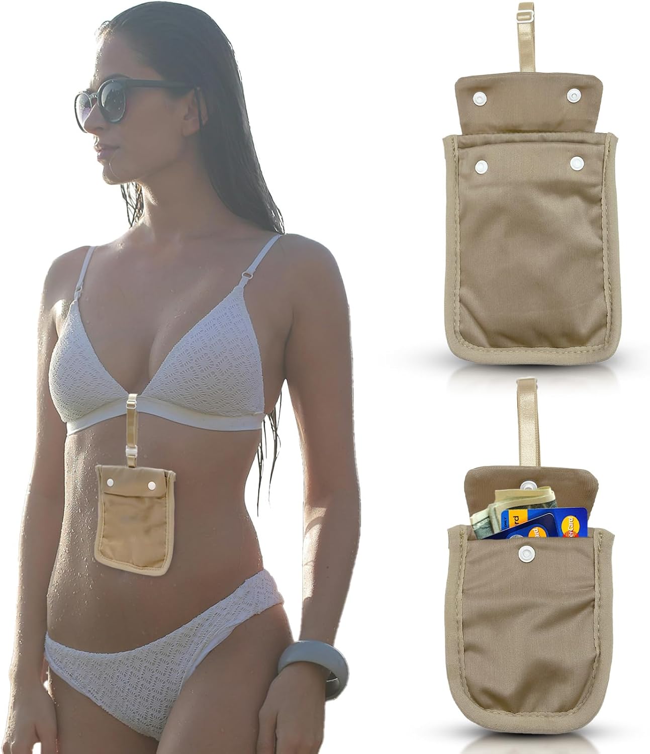 AZ Homey RFID Undercover Bra Wallet   Large Hidden Travel Pouch with Adjustable Elastic Strap for Credit Cards, Money, and Valuables   Secret Pocket for All Bra Sizes