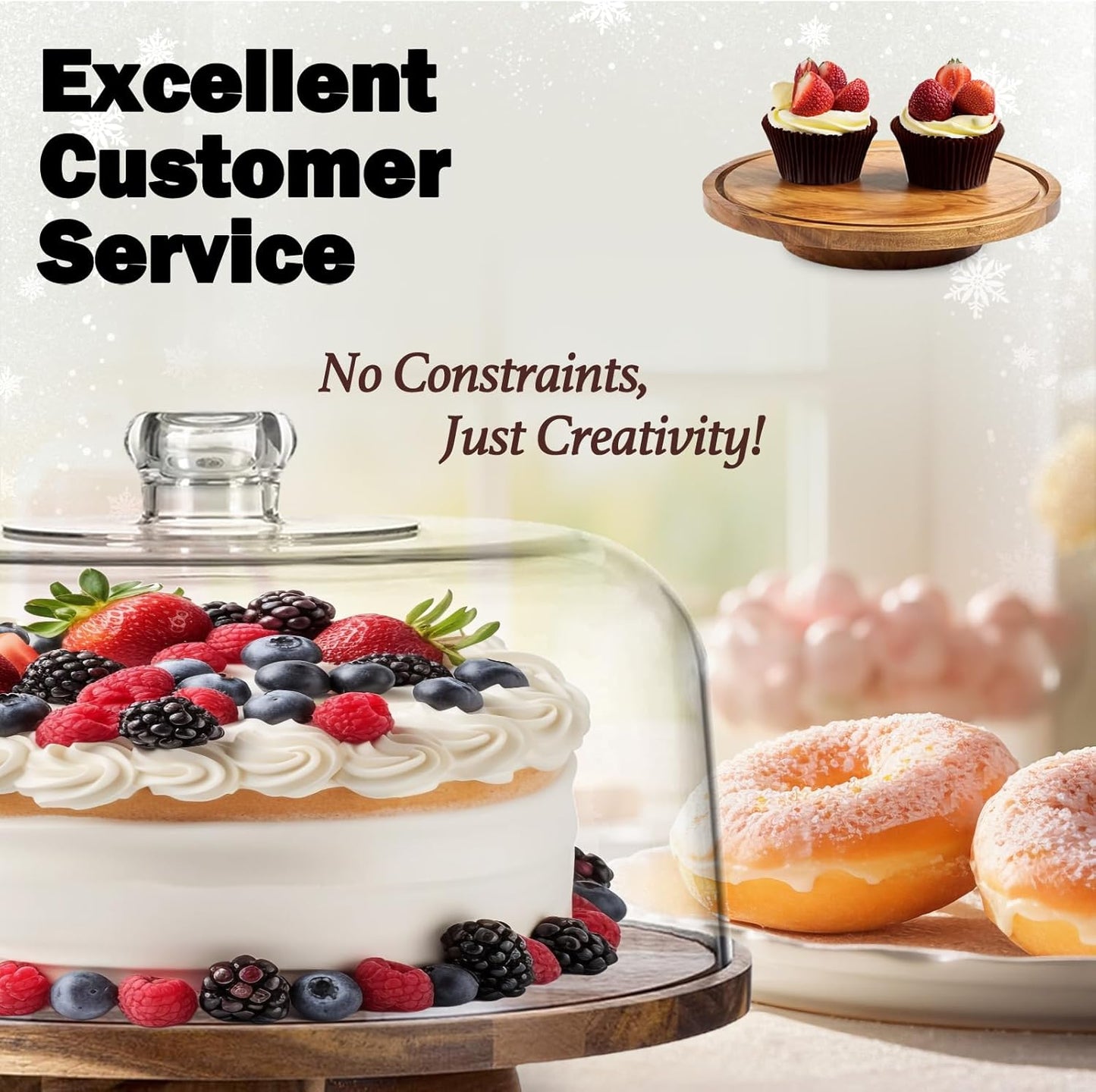 12" Rotating Cake Stand with Acrylic Dome Lid 360 Degree Acacia Wood Spinning Cake Turntable for Decorating and Serving, Durable Shatterproof Cover, Elegant Display Platter