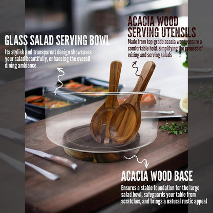 Premium Large Glass Salad Bowl Set with Acacia Wood Base and Serving Utensils   Ideal for Hosting Parties, Host Family Gatherings, and Everyday Use   Elegant, Durable, and Practical Kitchen Essential