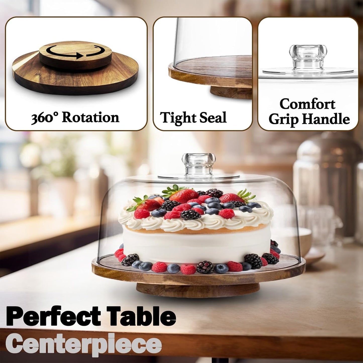 12" Rotating Cake Stand with Acrylic Dome Lid 360 Degree Acacia Wood Spinning Cake Turntable for Decorating and Serving, Durable Shatterproof Cover, Elegant Display Platter