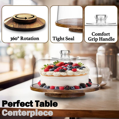 12" Rotating Cake Stand with Acrylic Dome Lid 360 Degree Acacia Wood Spinning Cake Turntable for Decorating and Serving, Durable Shatterproof Cover, Elegant Display Platter