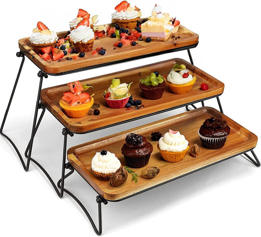 Eco Friendly Cupcake Stand   Food Platter Serving Tray   Acacia Wooden Towers Dessert Table Display Set   3 Tiered Decor Small Cheese Charcuterie Boards Rustic Wood Platters Trays   For Family Parties