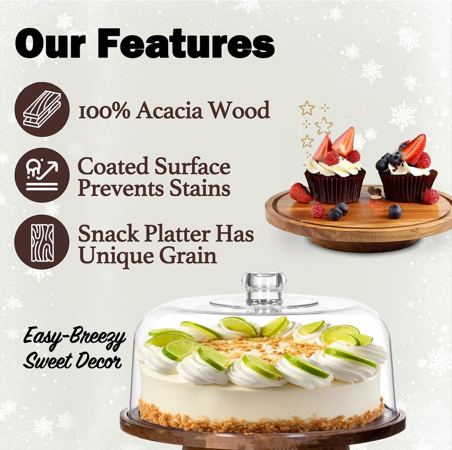 12" Rotating Cake Stand with Acrylic Dome Lid 360 Degree Acacia Wood Spinning Cake Turntable for Decorating and Serving, Durable Shatterproof Cover, Elegant Display Platter