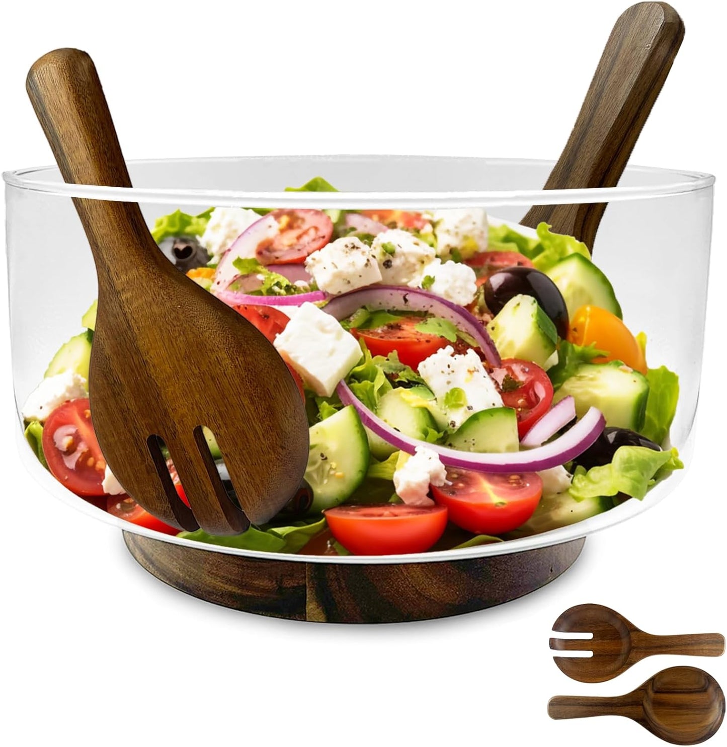 Premium Large Glass Salad Bowl Set with Acacia Wood Base and Serving Utensils   Ideal for Hosting Parties, Host Family Gatherings, and Everyday Use   Elegant, Durable, and Practical Kitchen Essential