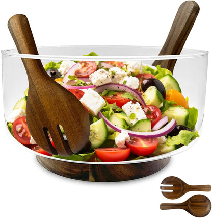 Premium Large Glass Salad Bowl Set with Acacia Wood Base and Serving Utensils   Ideal for Hosting Parties, Host Family Gatherings, and Everyday Use   Elegant, Durable, and Practical Kitchen Essential