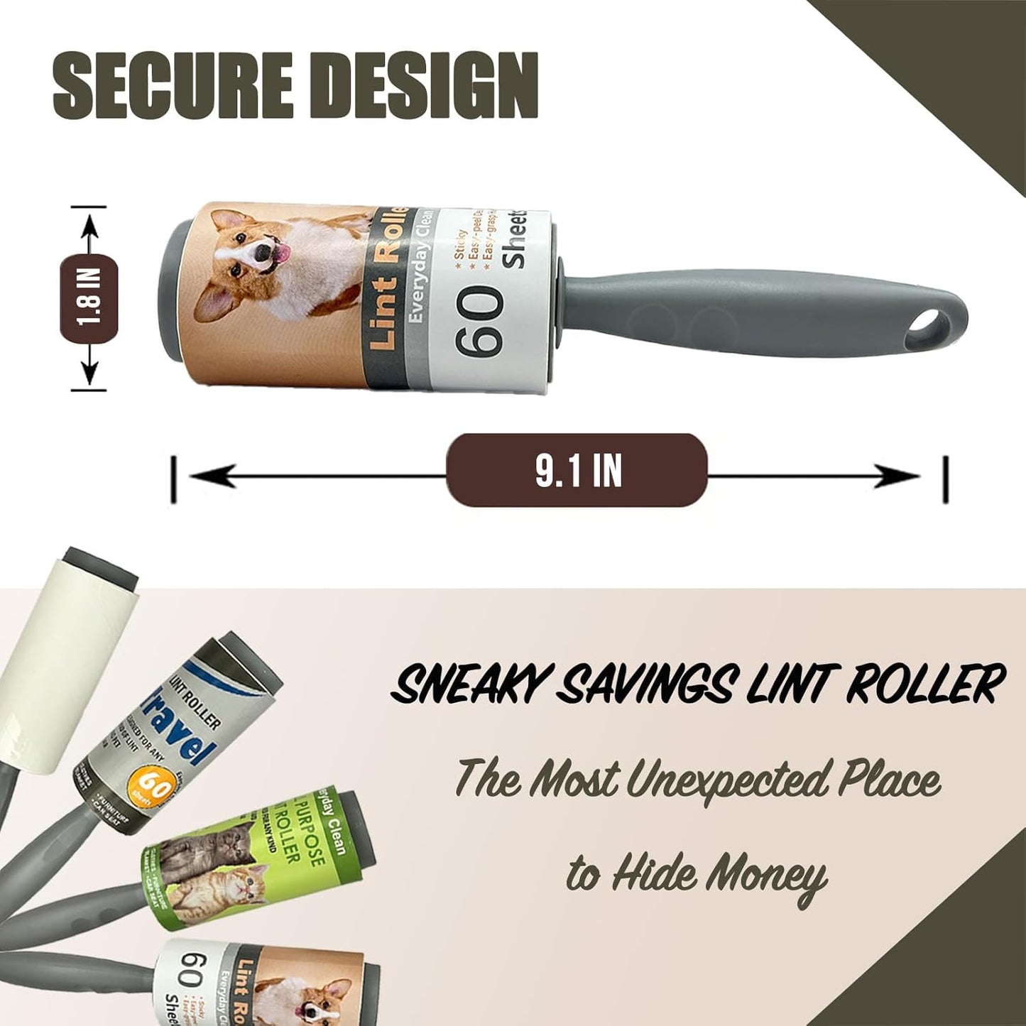 Lint Roller Diversion Safe Money Lint Rollers for Pet Hair, Sticky, Remover for Couch, Clothes Furniture and Carpet. Dog Hair Remover Cat Hair, Animal Fur   Secret Hidden Jewelry Storage Home Security