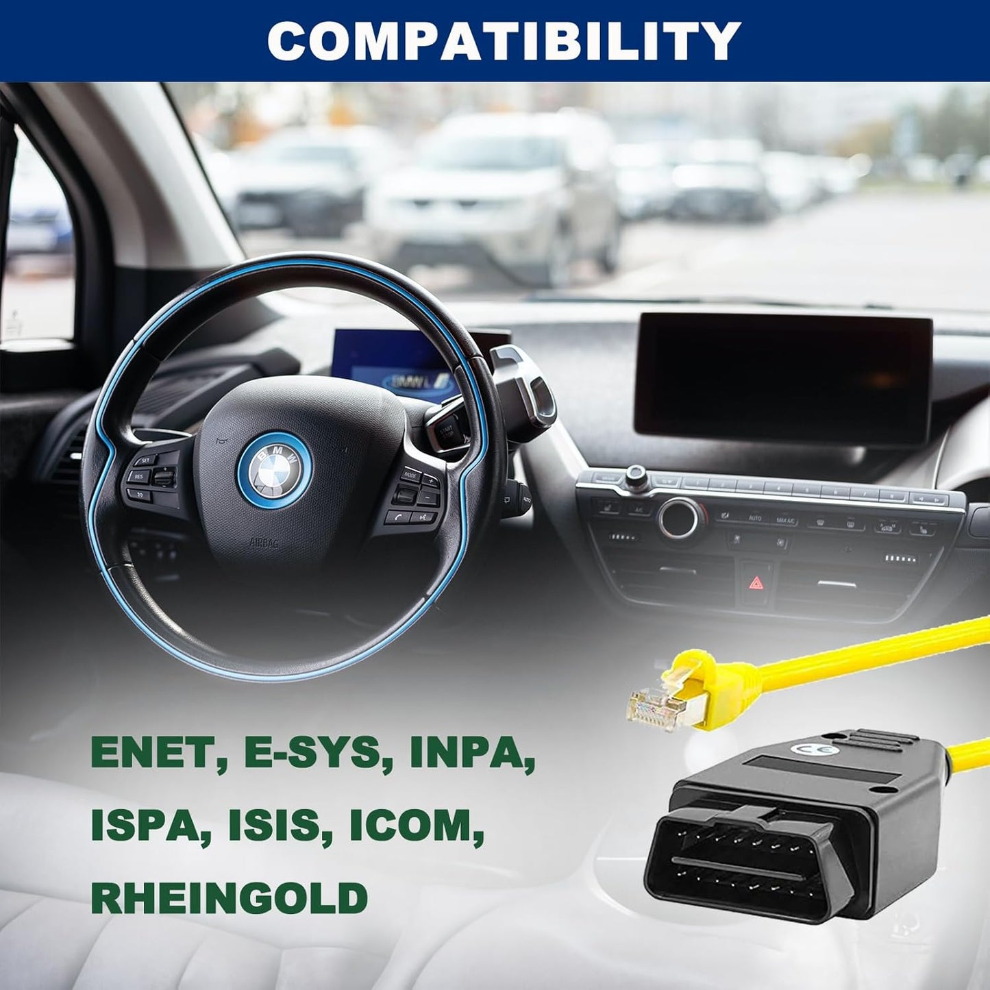 AZ Homey ENET Cable Compatible with BW OBD, ICOM E SYS ISTA, Bootmod3 Bimmercode F  Series OBD2 Heavy Duty Cable Connector Tools to OBDII Interface Cable Car Diagnostic Coding 6.6ft (2M) Cable RJ45