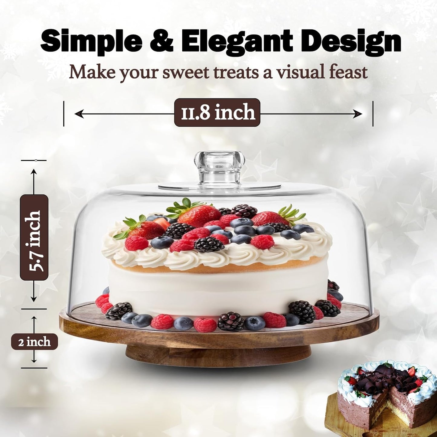 12" Rotating Cake Stand with Acrylic Dome Lid 360 Degree Acacia Wood Spinning Cake Turntable for Decorating and Serving, Durable Shatterproof Cover, Elegant Display Platter