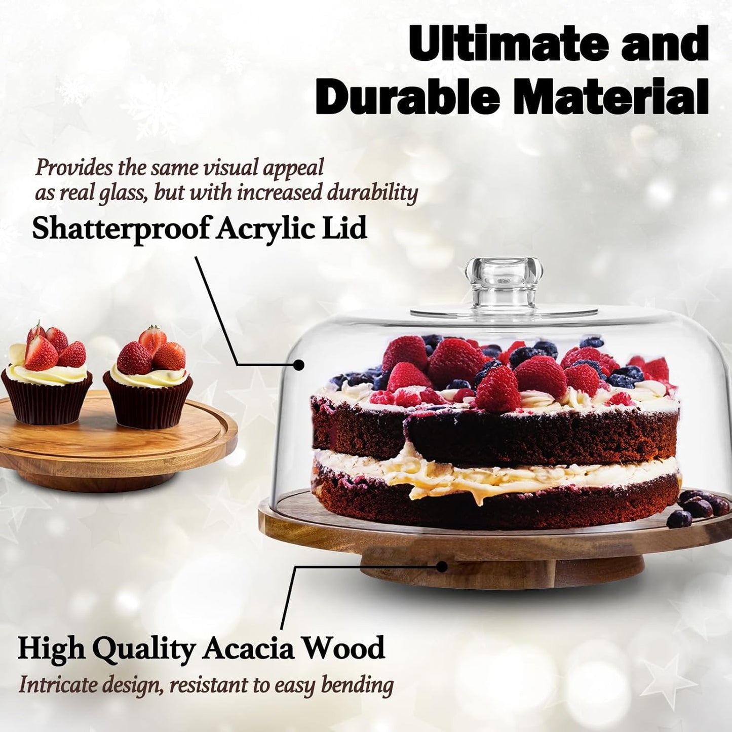 12" Rotating Cake Stand with Acrylic Dome Lid 360 Degree Acacia Wood Spinning Cake Turntable for Decorating and Serving, Durable Shatterproof Cover, Elegant Display Platter