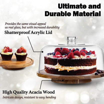 12" Rotating Cake Stand with Acrylic Dome Lid 360 Degree Acacia Wood Spinning Cake Turntable for Decorating and Serving, Durable Shatterproof Cover, Elegant Display Platter