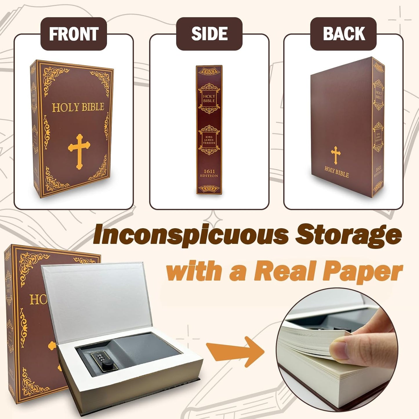 Genuine Paper Transfer Book Safe: Secret Hidden Safe, Combination Lock Included   Metal Safe Box and Protect Your Valuables Inside an Authentic Paper Book, 8.7"¡Ñ6"¡Ñ1.8" (Holy Bible)