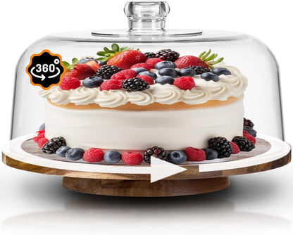 12" Rotating Cake Stand with Acrylic Dome Lid 360 Degree Acacia Wood Spinning Cake Turntable for Decorating and Serving, Durable Shatterproof Cover, Elegant Display Platter