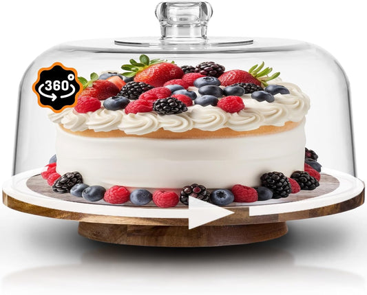 12" Rotating Cake Stand with Acrylic Dome Lid 360 Degree Acacia Wood Spinning Cake Turntable for Decorating and Serving, Durable Shatterproof Cover, Elegant Display Platter