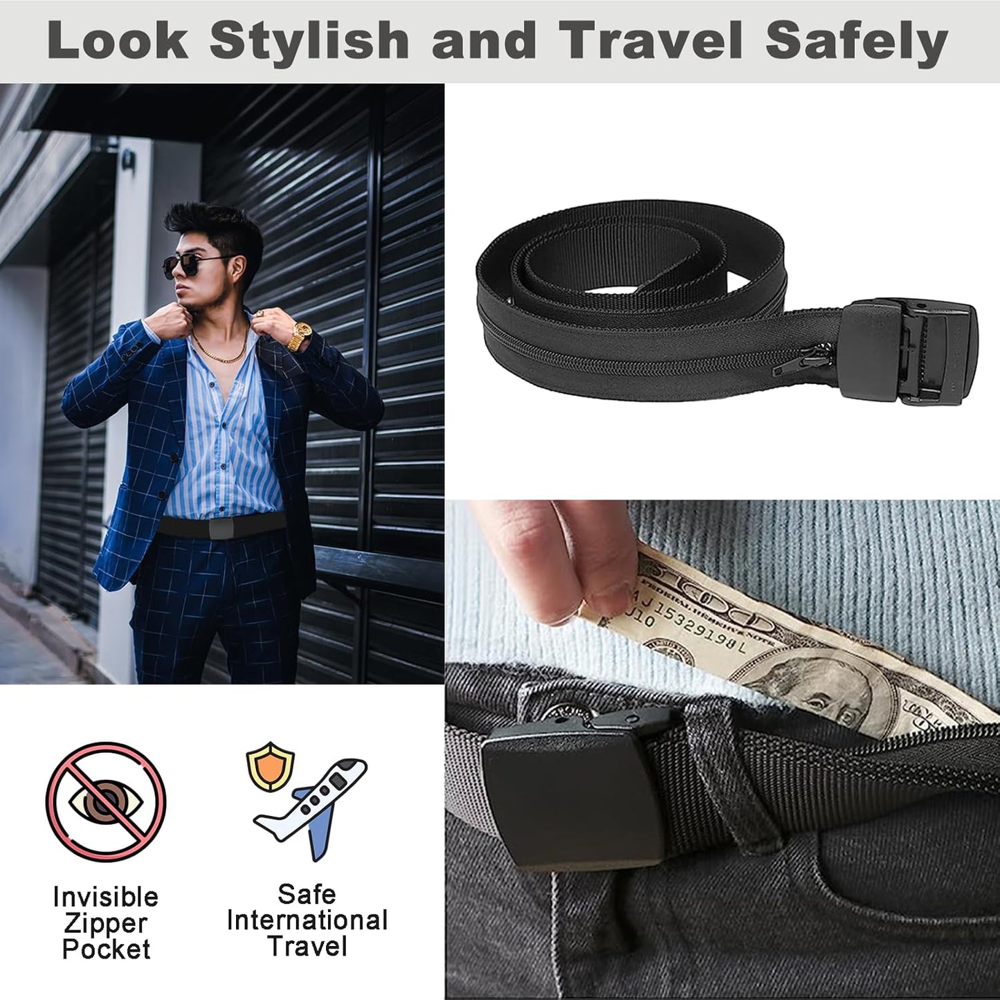 AZ Homey Travel Security Belt   Money Belt for Men Travel Security Belt with Hidden Money Compartment Pocket Belt with Hidden Pocket Cashsafe Anti Theft Wallet Non Metal Buckle