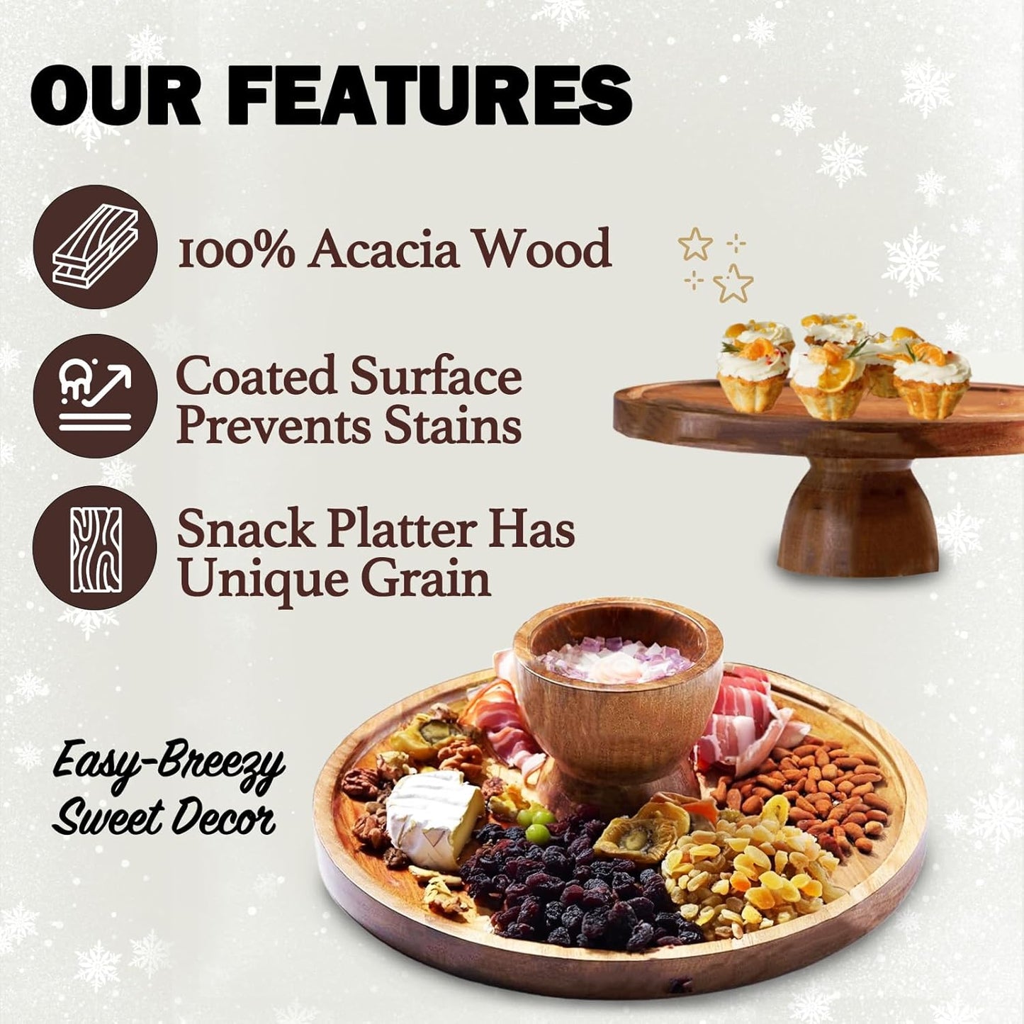 AZ Homey Cake Stand with Acrylic Dome Lid 2 in 1 Multifunctional Round Shatterproof Dessert Table Display Set with Acacia Wood Serving Platter, Veggie Tray, Fruit Bowl, Donut Stand, Nachos Plate