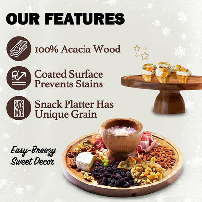 AZ Homey Cake Stand with Acrylic Dome Lid 2 in 1 Multifunctional Round Shatterproof Dessert Table Display Set with Acacia Wood Serving Platter, Veggie Tray, Fruit Bowl, Donut Stand, Nachos Plate