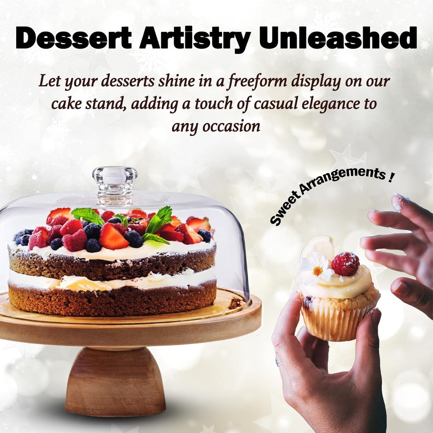 AZ Homey Cake Stand with Acrylic Dome Lid 2 in 1 Multifunctional Round Shatterproof Dessert Table Display Set with Acacia Wood Serving Platter, Veggie Tray, Fruit Bowl, Donut Stand, Nachos Plate