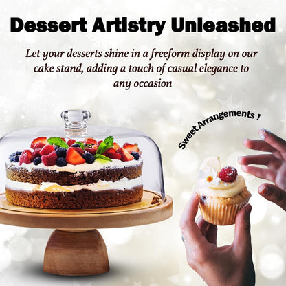 AZ Homey Cake Stand with Acrylic Dome Lid 2 in 1 Multifunctional Round Shatterproof Dessert Table Display Set with Acacia Wood Serving Platter, Veggie Tray, Fruit Bowl, Donut Stand, Nachos Plate