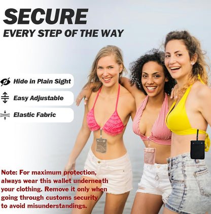 AZ Homey RFID Undercover Bra Wallet   Large Hidden Travel Pouch with Adjustable Elastic Strap for Credit Cards, Money, and Valuables   Secret Pocket for All Bra Sizes