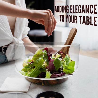 Premium Large Glass Salad Bowl Set with Acacia Wood Base and Serving Utensils   Ideal for Hosting Parties, Host Family Gatherings, and Everyday Use   Elegant, Durable, and Practical Kitchen Essential