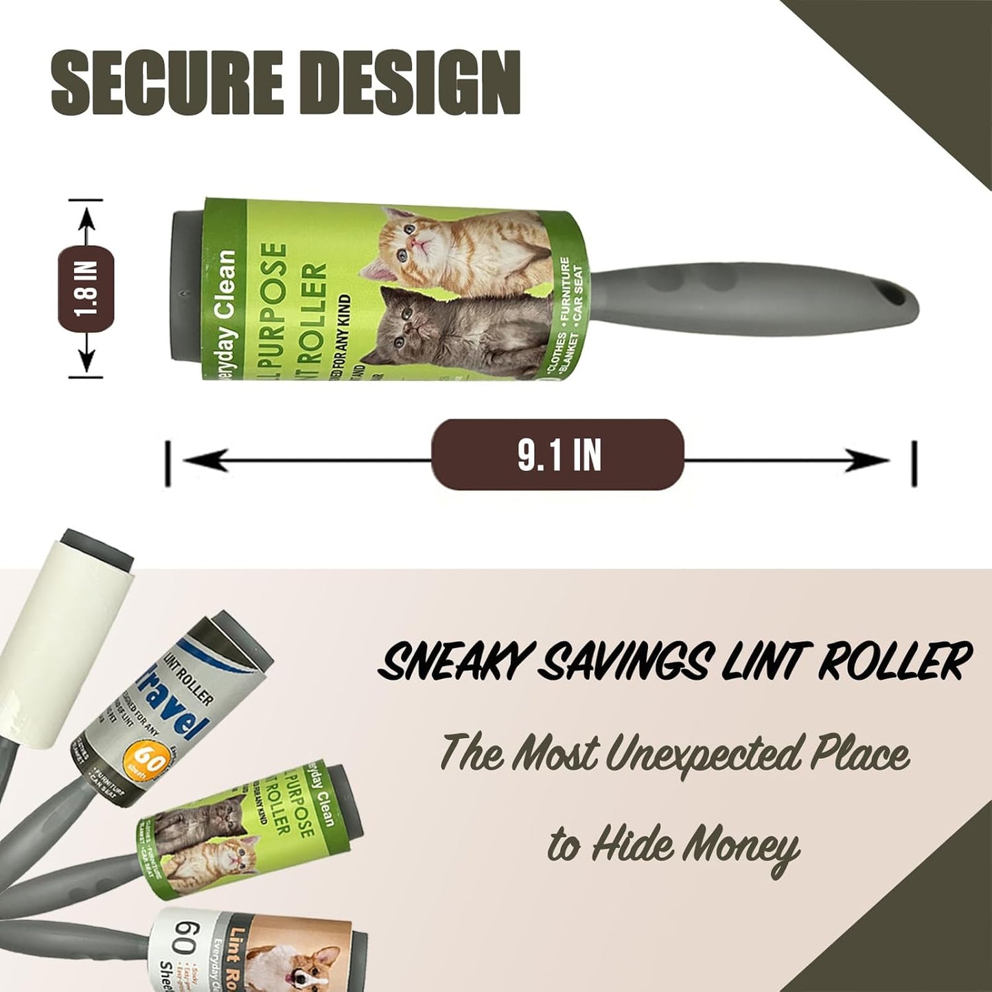 Lint Roller Diversion Safe Money Lint Rollers for Pet Hair, Sticky, Remover for Couch, Clothes Furniture and Carpet. Dog Hair Remover Cat Hair, Animal Fur   Secret Hidden Jewelry Storage Home Security