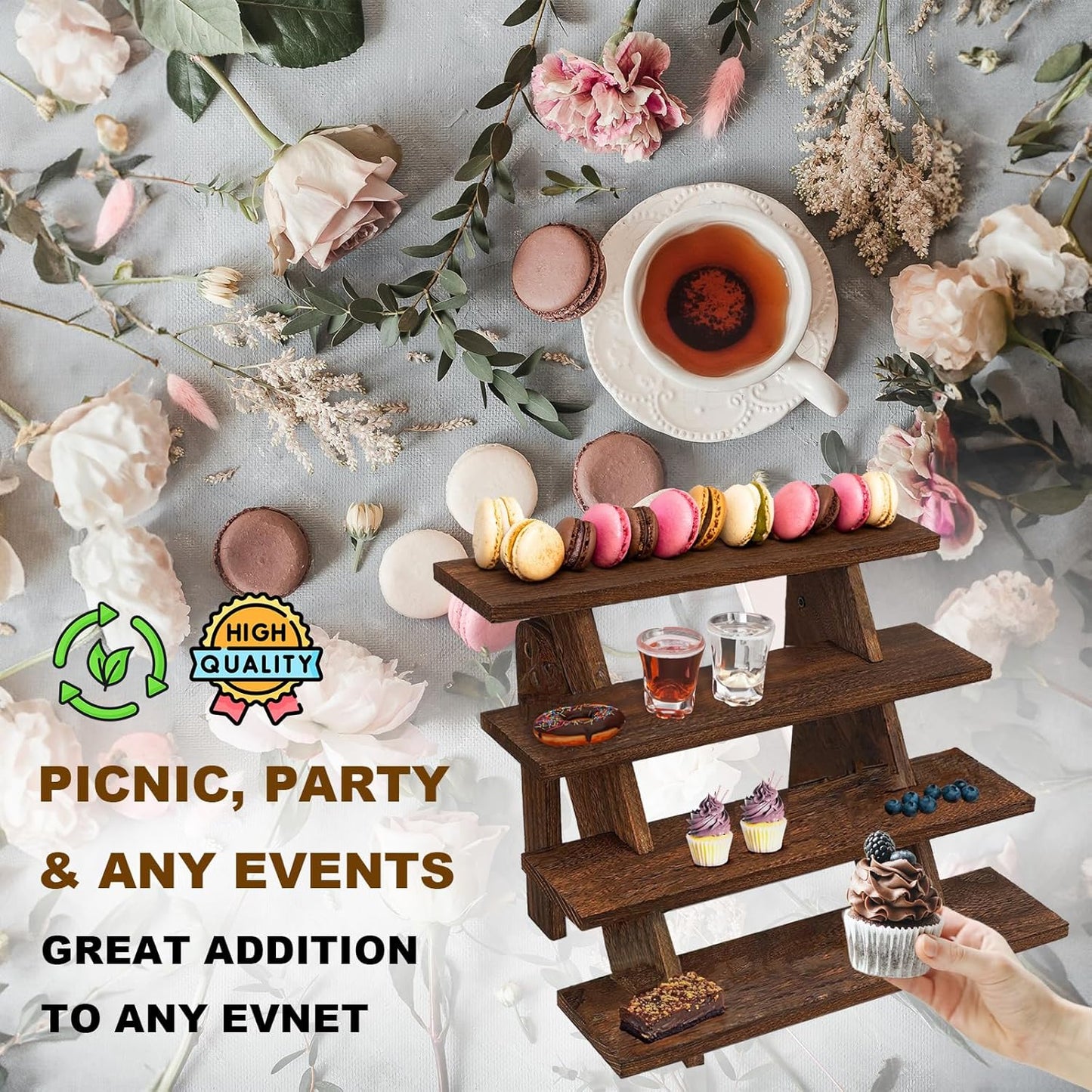 AZ Homey Premium Platane Wood 4 Tier Display Stand: Easy Assembly, Rustic Elegance for Cupcakes, Collectibles, Jewelry, and More   Versatile Home D_cor and Craft Fair Showcase Solution