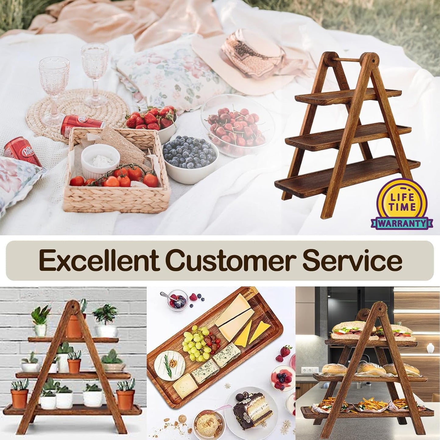 AZ Homey 3 Tier Serving Tray Three Tiered Cupcake Stand, Rectangle Serving Platter Wooden Farmhouse Tiered Tray, Party Serving Brown Decorative Tray, Eco Friendly Tray Decor Cheese Charcuterie Boards