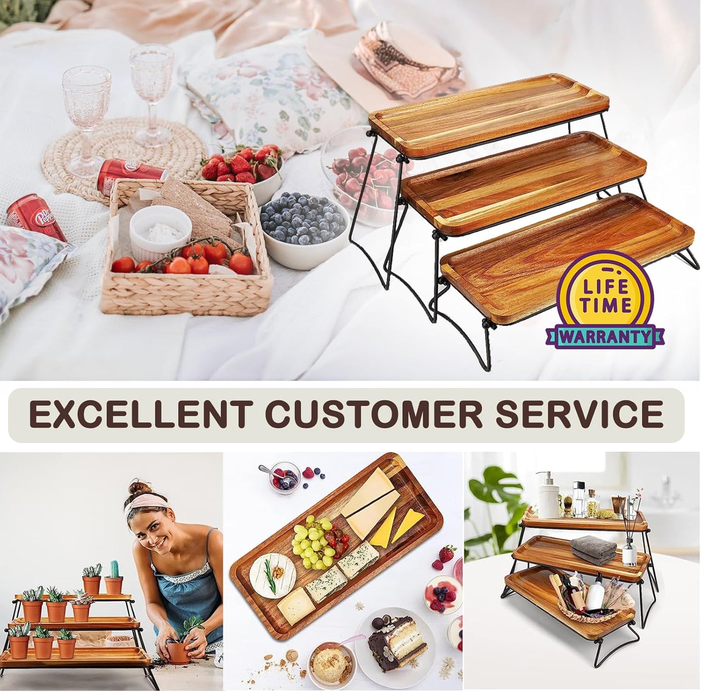 Eco Friendly Cupcake Stand   Food Platter Serving Tray   Acacia Wooden Towers Dessert Table Display Set   3 Tiered Decor Small Cheese Charcuterie Boards Rustic Wood Platters Trays   For Family Parties