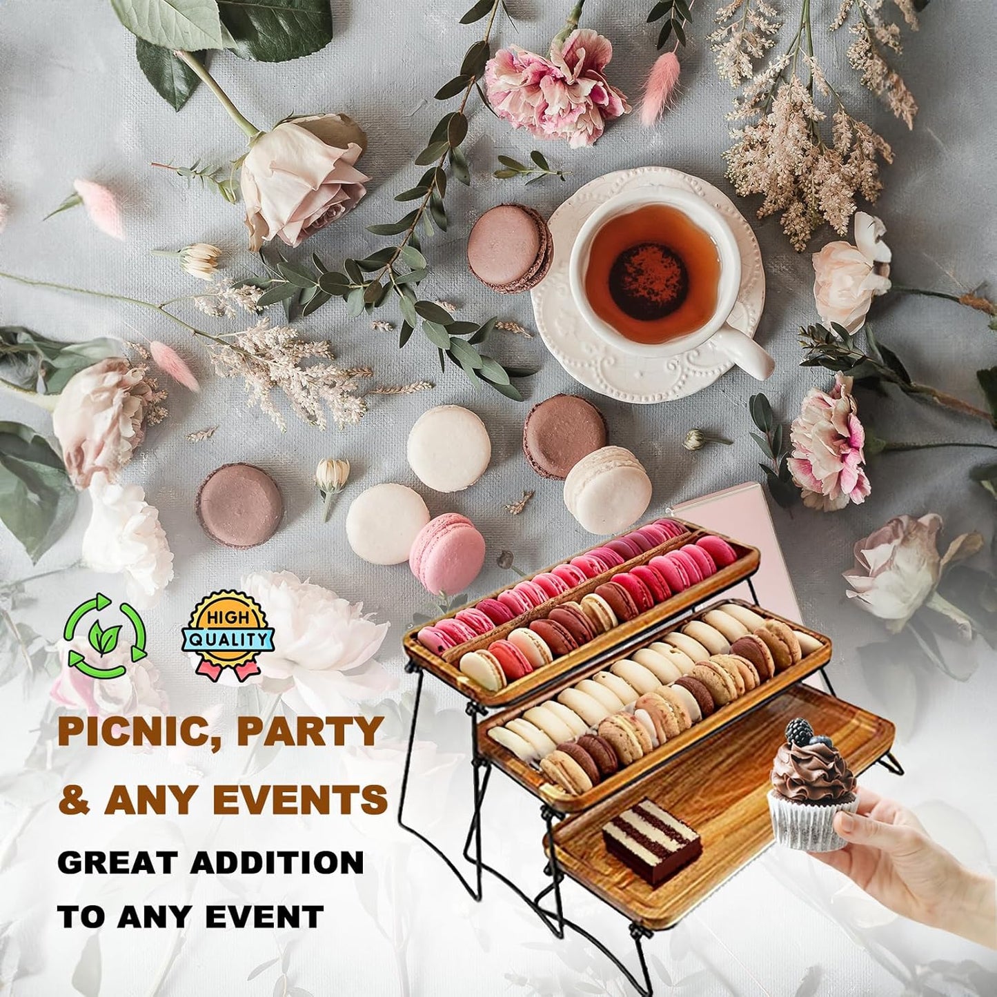 Eco Friendly Cupcake Stand   Food Platter Serving Tray   Acacia Wooden Towers Dessert Table Display Set   3 Tiered Decor Small Cheese Charcuterie Boards Rustic Wood Platters Trays   For Family Parties