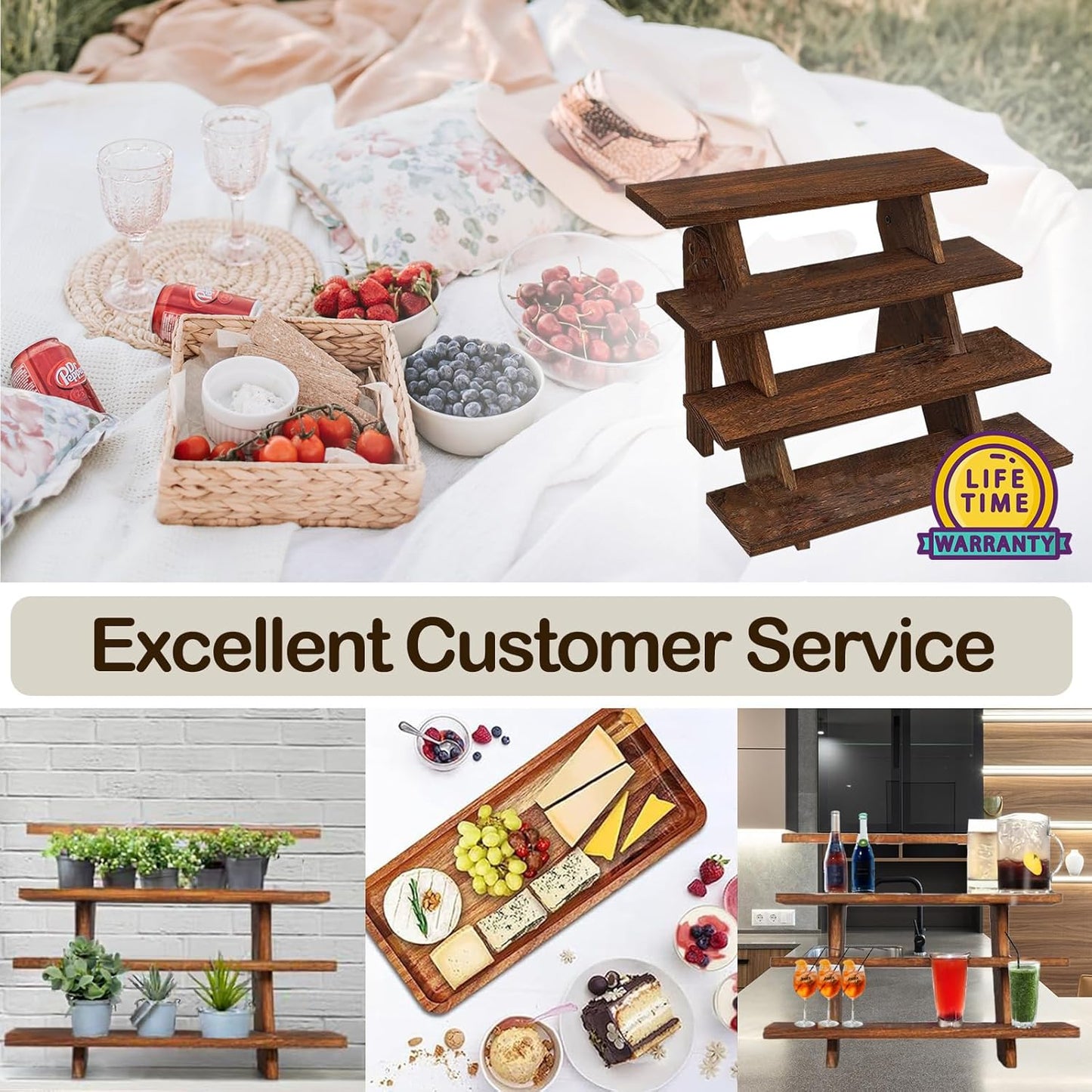 AZ Homey Premium Platane Wood 4 Tier Display Stand: Easy Assembly, Rustic Elegance for Cupcakes, Collectibles, Jewelry, and More   Versatile Home D_cor and Craft Fair Showcase Solution
